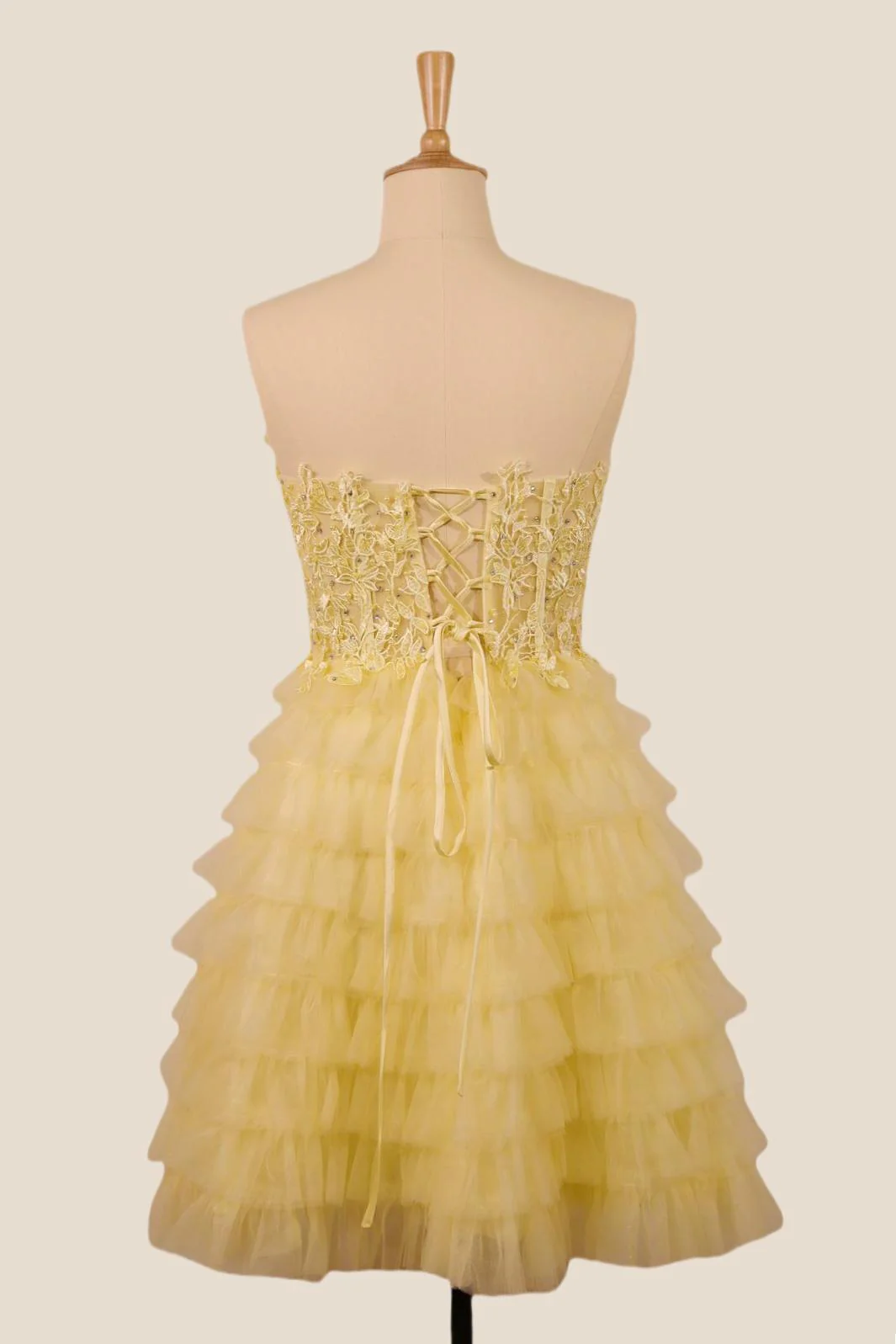 Strapless Yellow Appliques Tiered Short Dress - Image 12