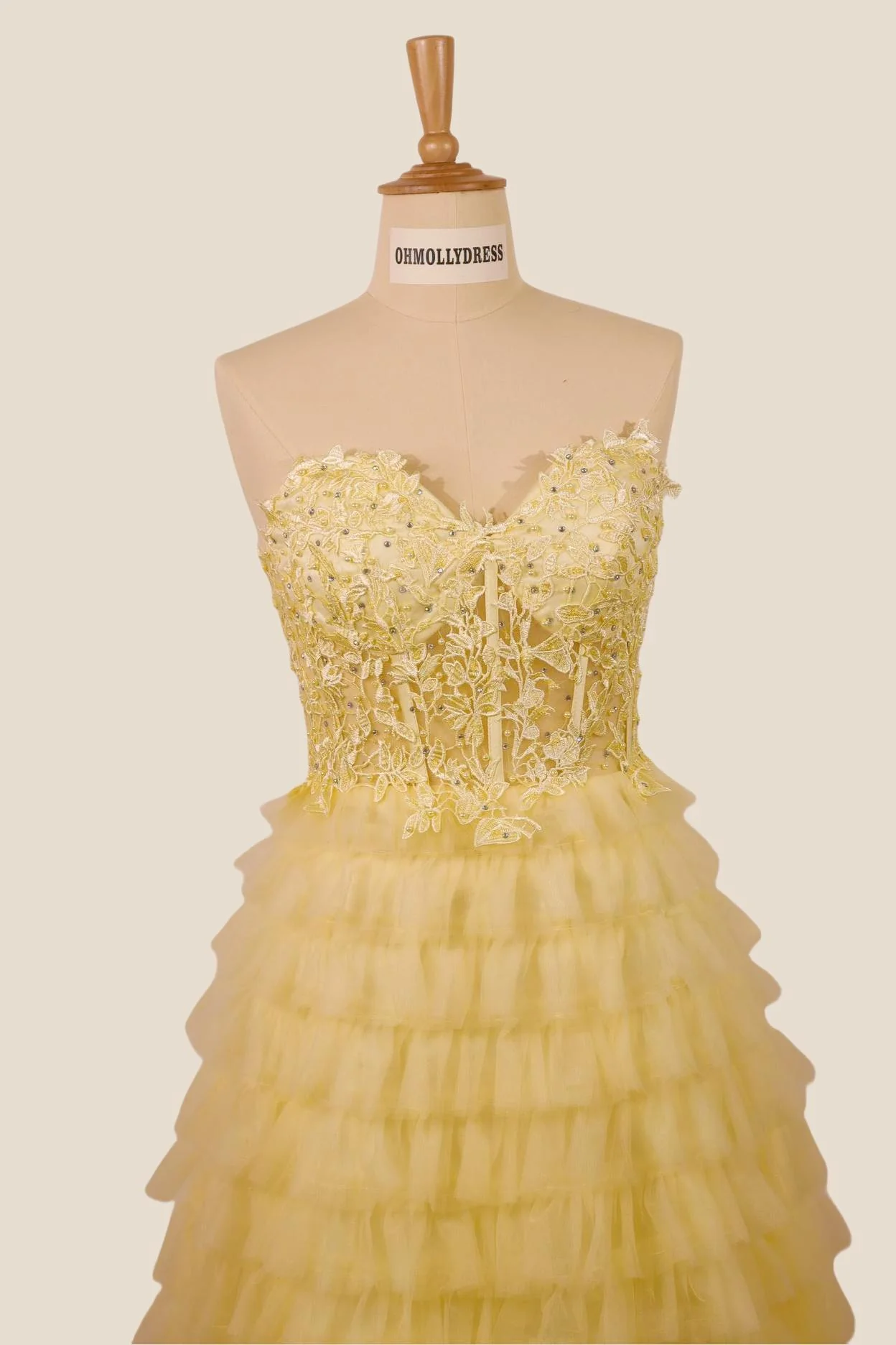 Strapless Yellow Appliques Tiered Short Dress - Image 13