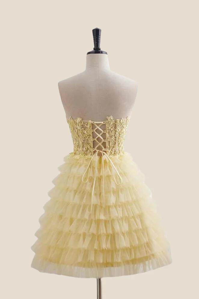 Strapless Yellow Appliques Tiered Short Dress - Image 2