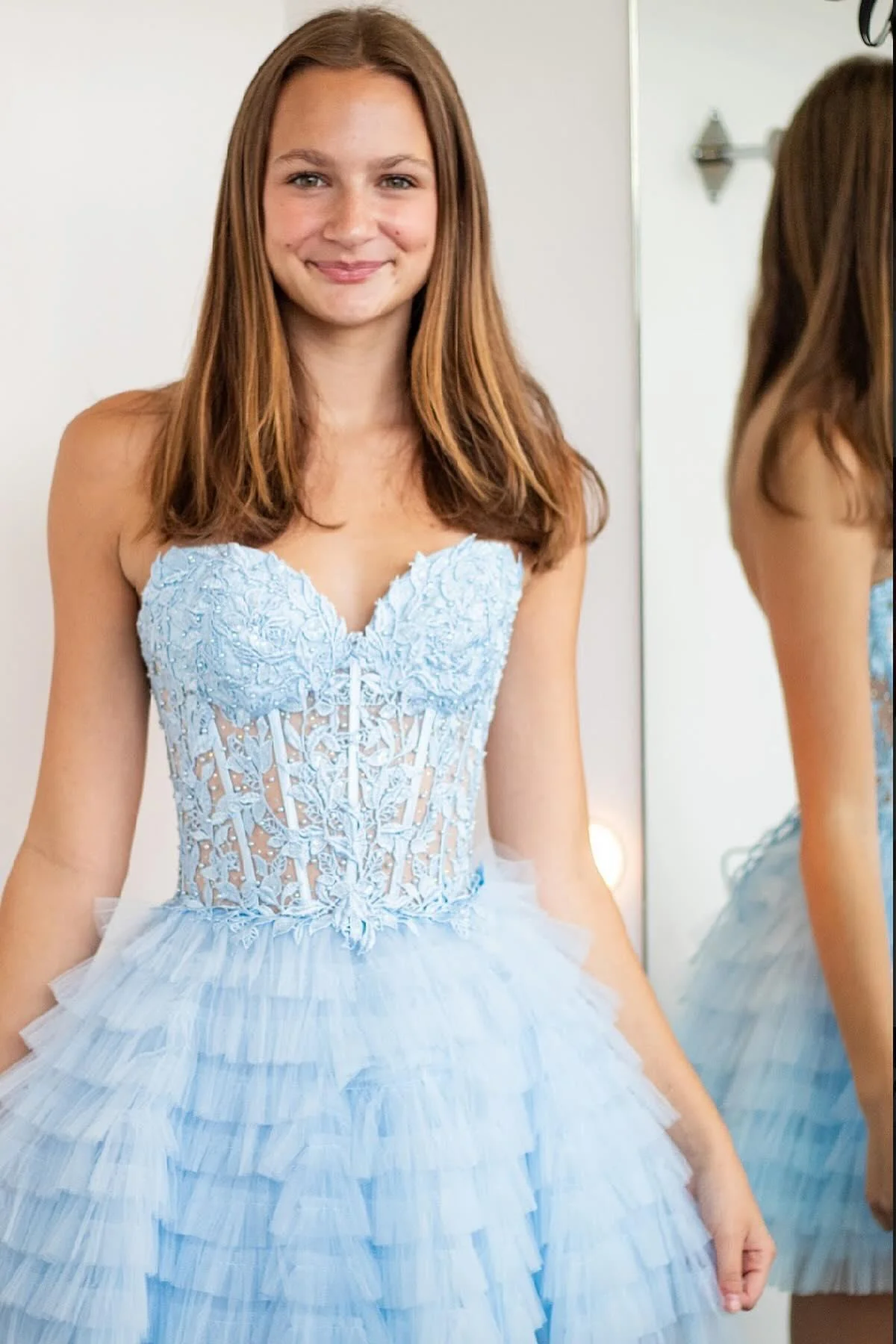 Strapless Yellow Appliques Tiered Short Dress - Image 3