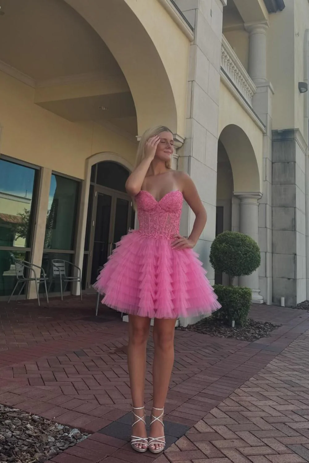 Strapless Yellow Appliques Tiered Short Dress - Image 5