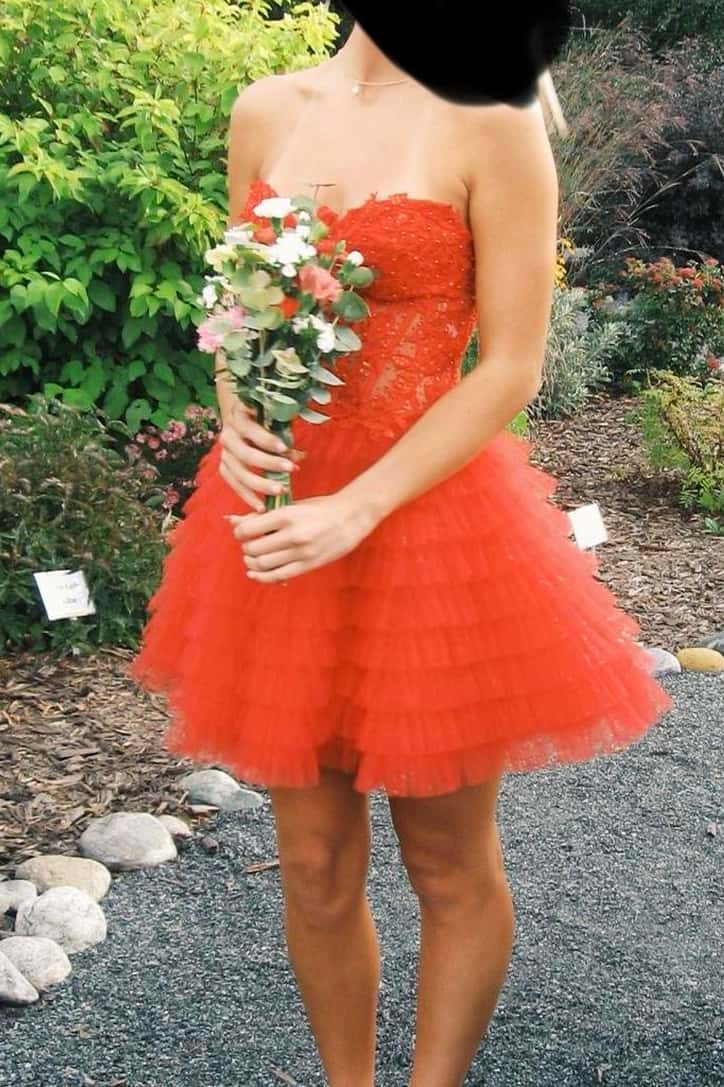 Strapless Yellow Appliques Tiered Short Dress - Image 6