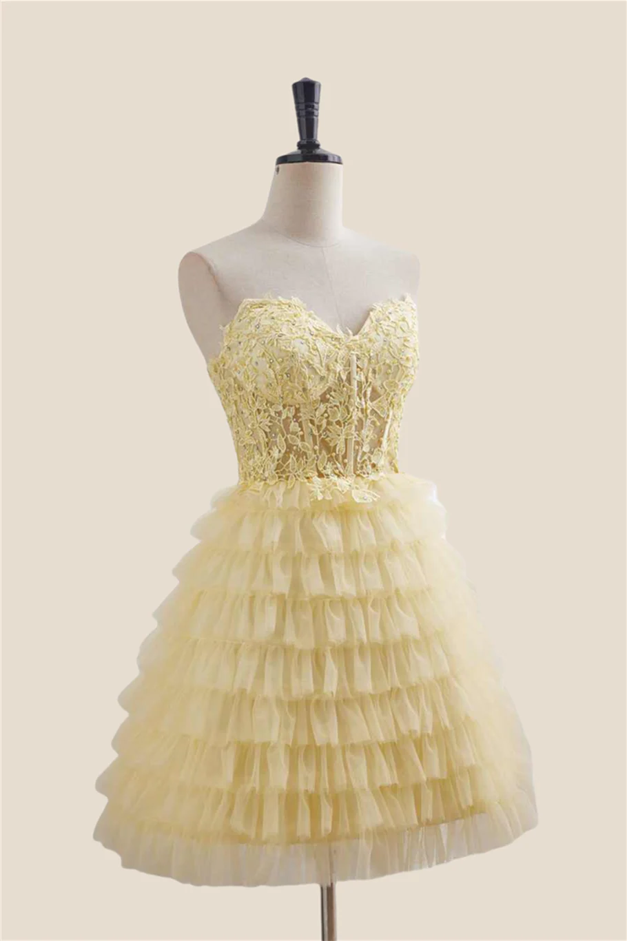 Strapless Yellow Appliques Tiered Short Dress - Image 7