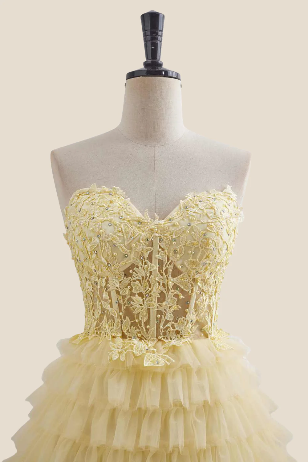 Strapless Yellow Appliques Tiered Short Dress - Image 8