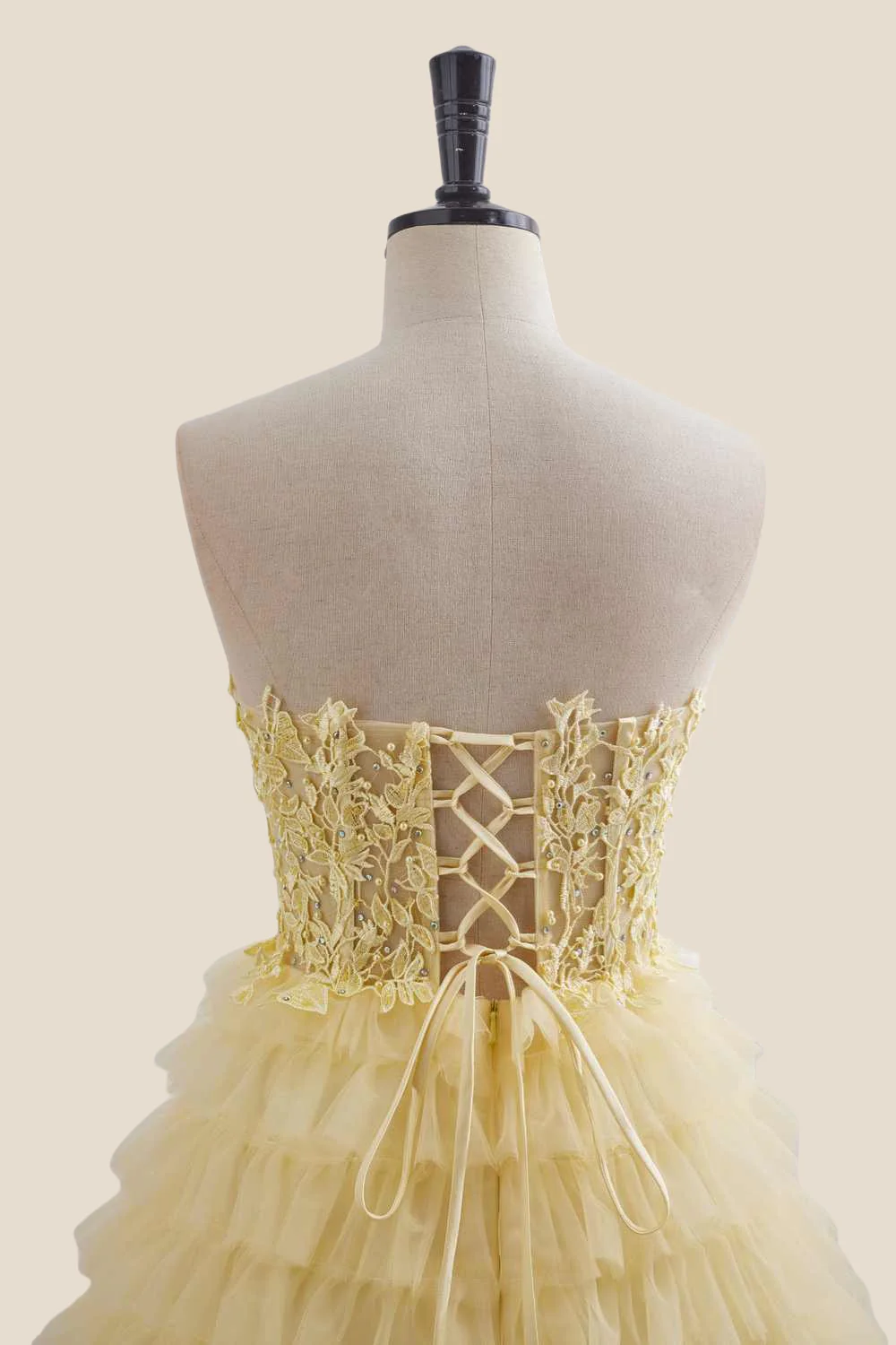 Strapless Yellow Appliques Tiered Short Dress - Image 9