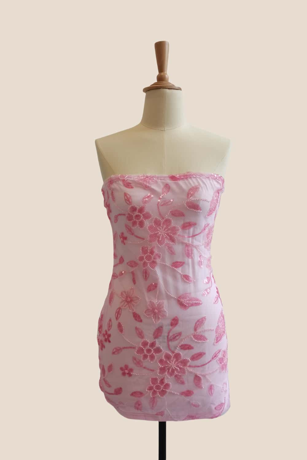 Strapless Pink Beaded Flowers Tight Short Dress - Image 2