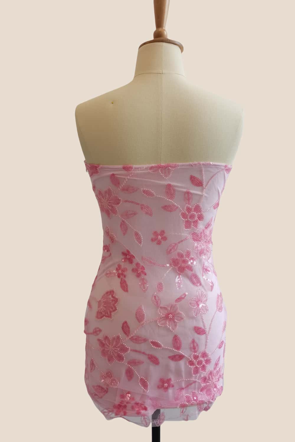 Strapless Pink Beaded Flowers Tight Short Dress - Image 3