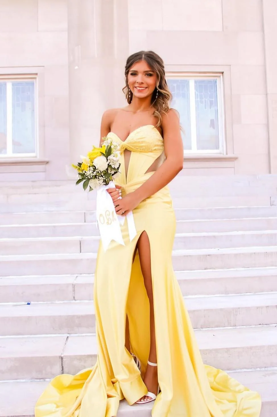 Strapless Yellow Beaded Long Dress with Slit - Image 2