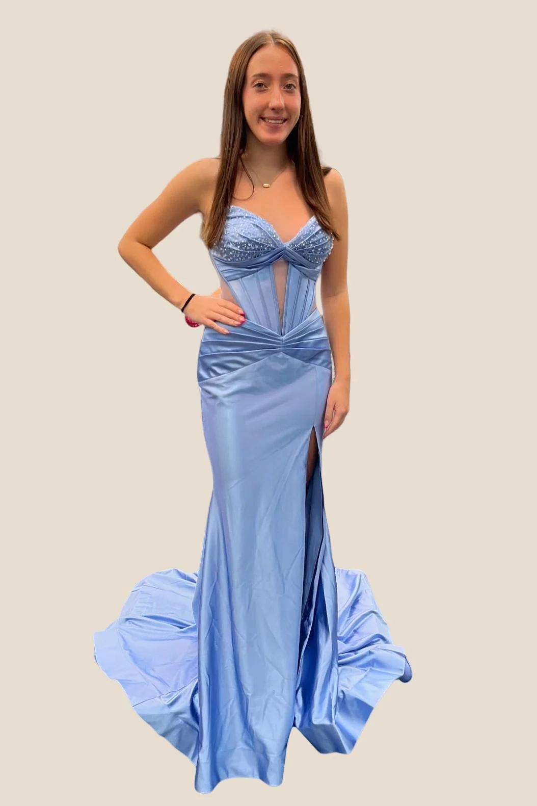 Strapless Yellow Beaded Long Dress with Slit - Image 4