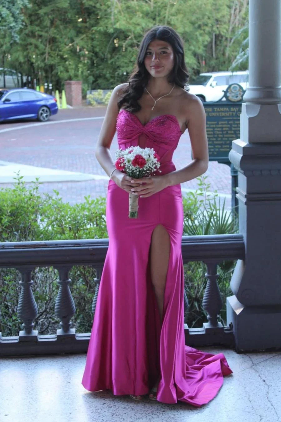 Strapless Yellow Beaded Long Dress with Slit - Image 9