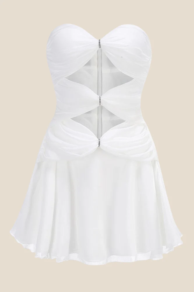 Strapless Yellow Cut-out Ruched A-line Short Dress - Image 12
