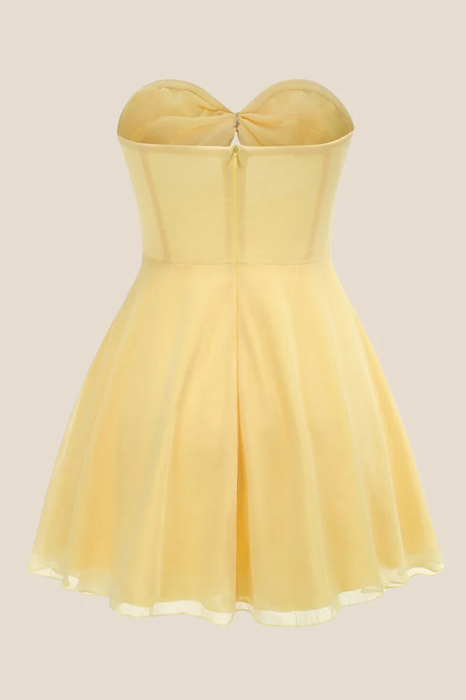Strapless Yellow Cut-out Ruched A-line Short Dress - Image 2