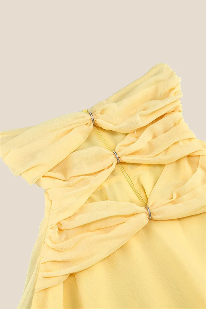 Strapless Yellow Cut-out Ruched A-line Short Dress - Image 3
