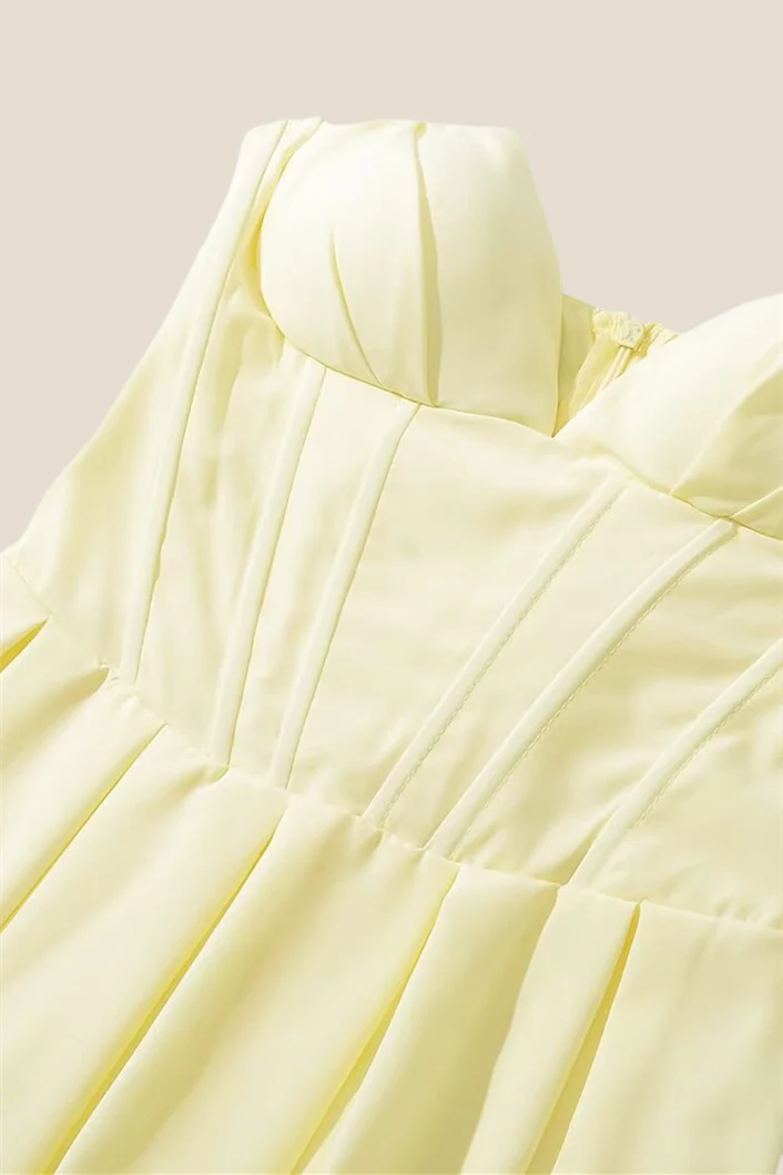 Strapless Yellow Pleated A-line Long Dress - Image 3
