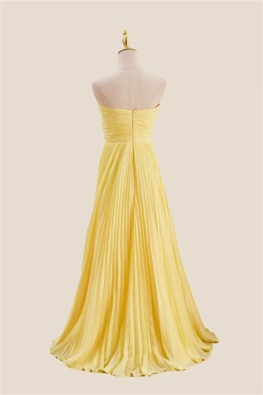 Strapless Yellow Pleated Chiffon Long Dress - Image 3