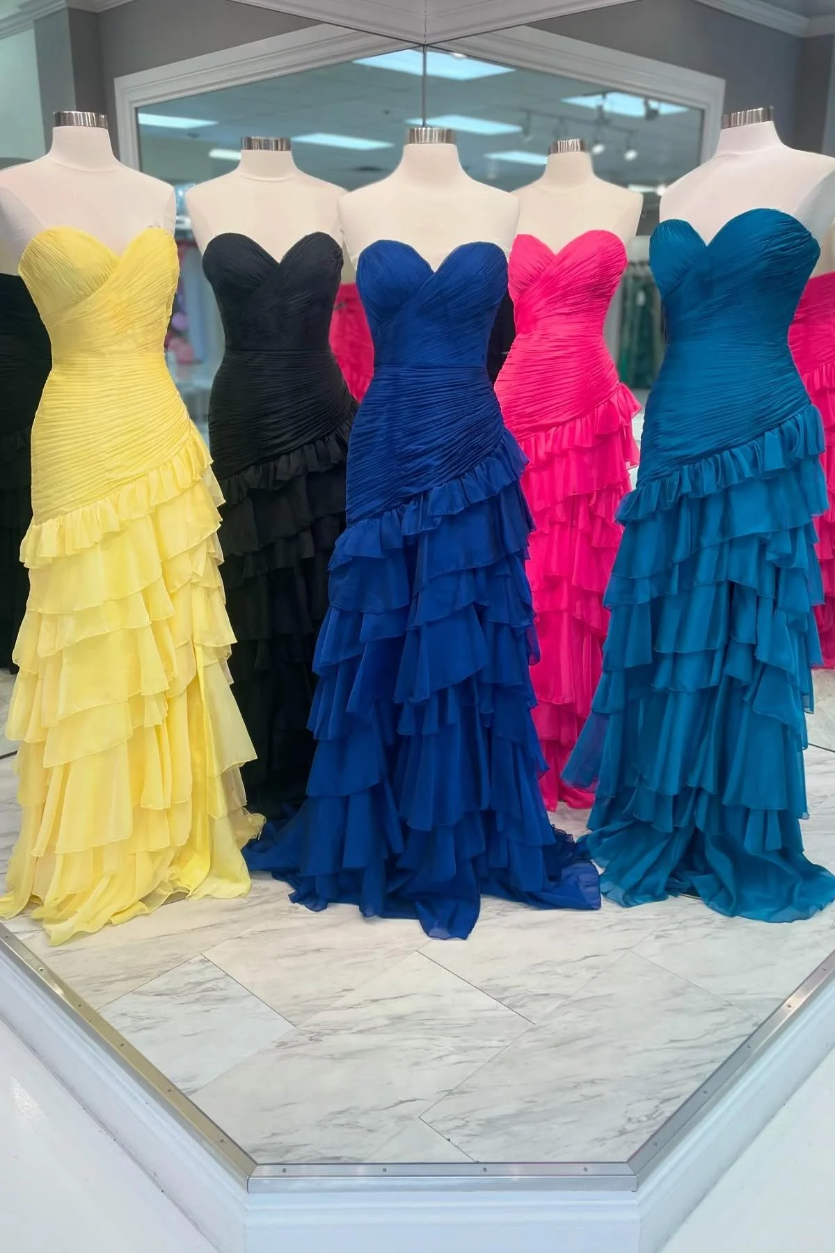 Strapless Yellow Pleated Tiered Long Dress - Image 6