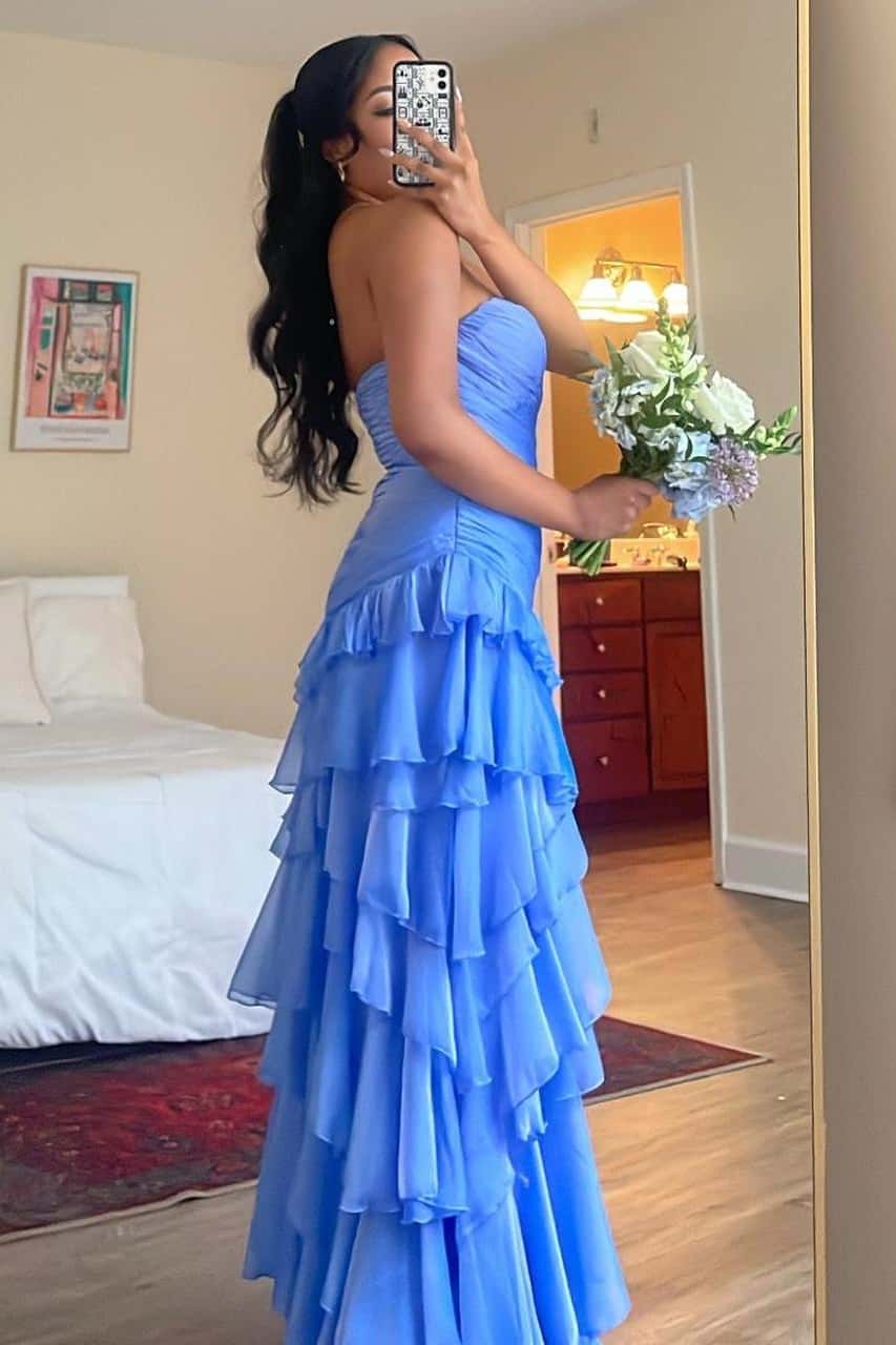 Strapless Yellow Pleated Tiered Long Dress - Image 7