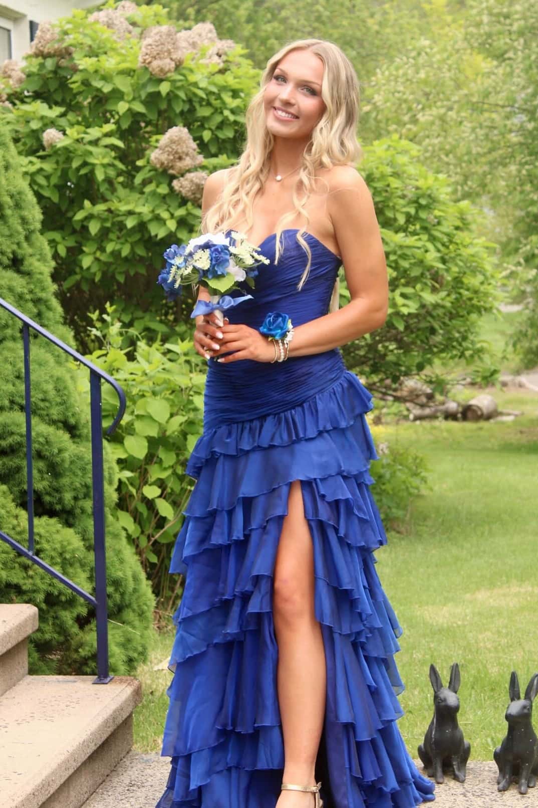 Strapless Yellow Pleated Tiered Long Dress - Image 9