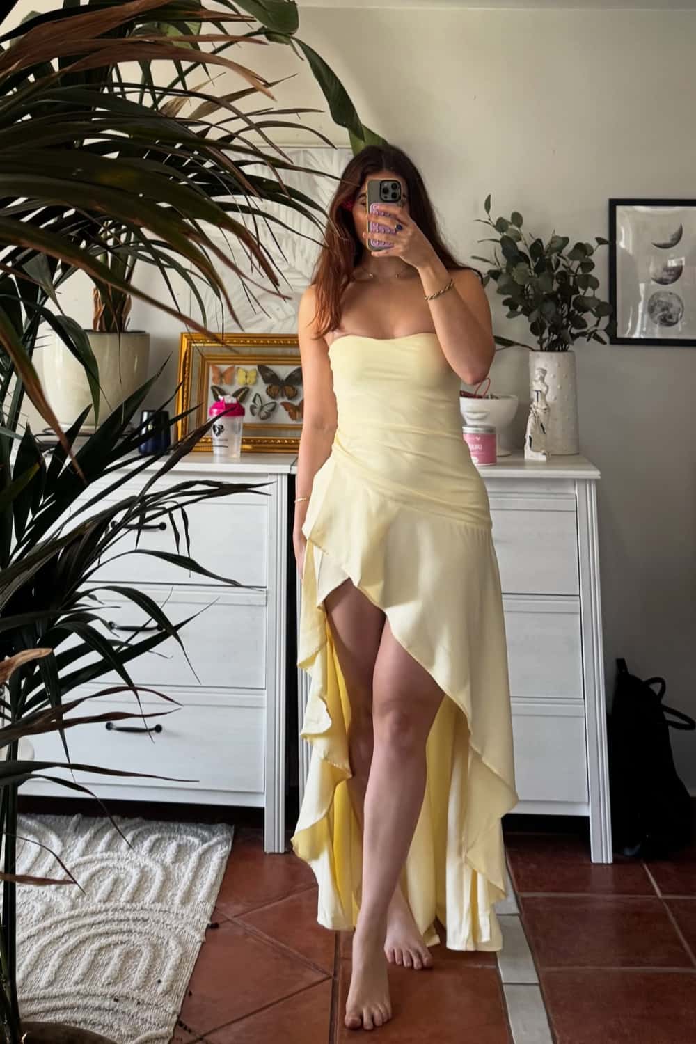 Strapless Yellow Soft Satin Slit Maxi Dress - Image 2