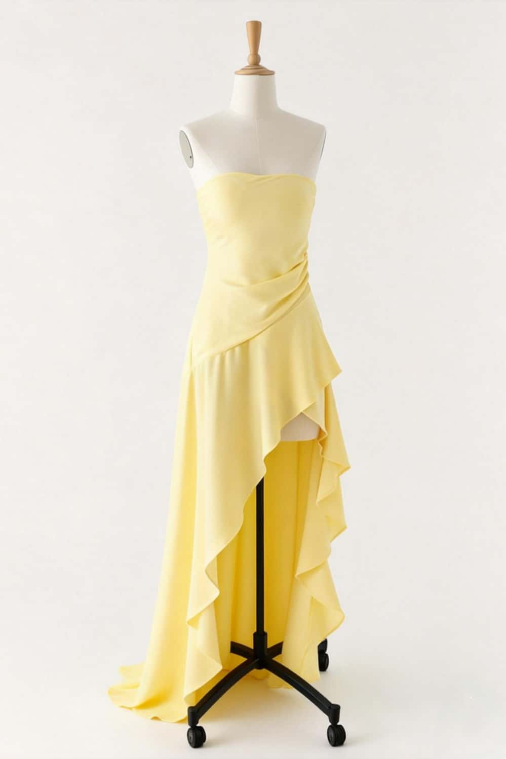 Strapless Yellow Soft Satin Slit Maxi Dress - Image 3