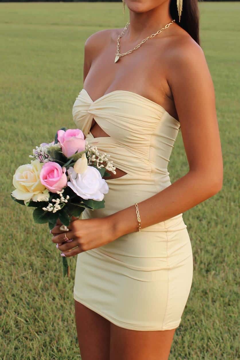 Strapless Yellow Twists Tight Mini Dress - Image 2