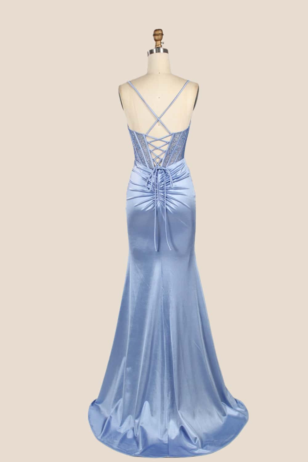 Straps Beaded Blue Ruched Satin Fitted Prom Dress - Image 2