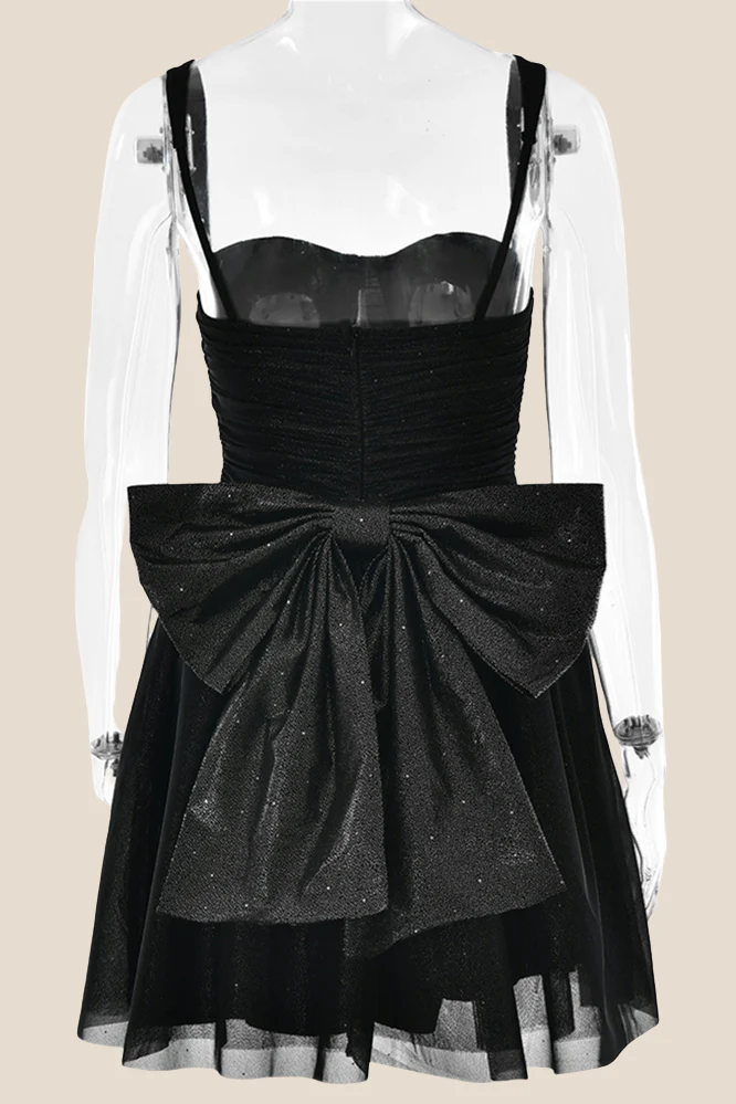 Straps Black Back Bow Sparkle Tulle Short Dress - Image 2