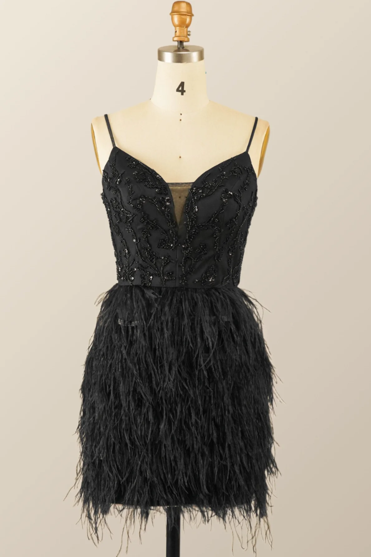 Straps Black Beaded Feather Mini Dress