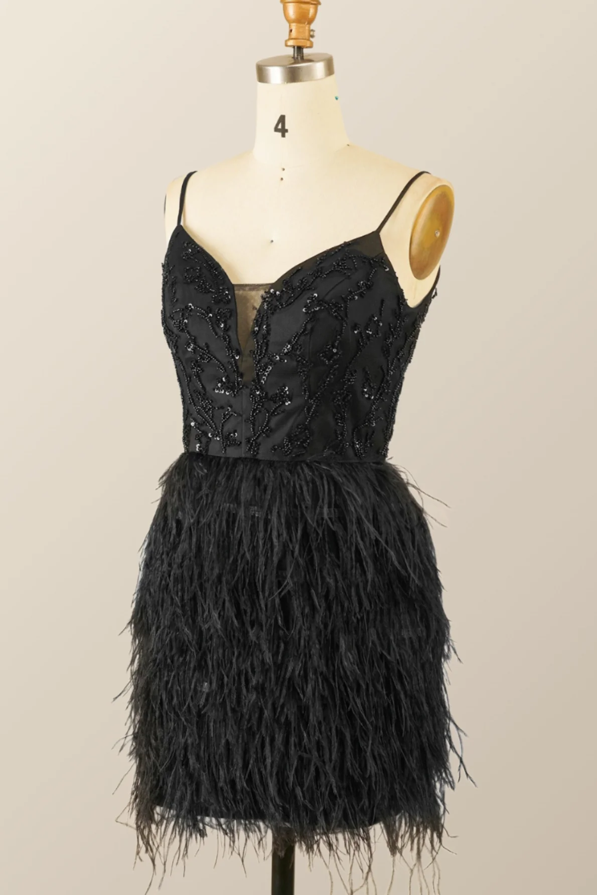 Straps Black Beaded Feather Mini Dress - Image 2