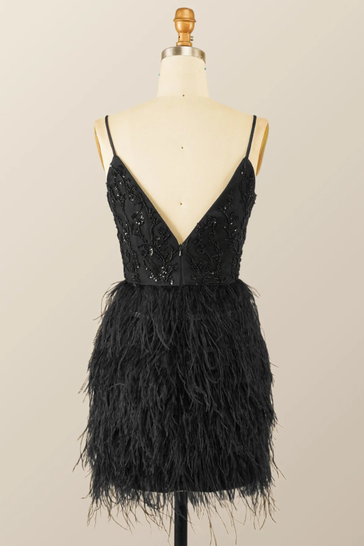 Straps Black Beaded Feather Mini Dress - Image 3