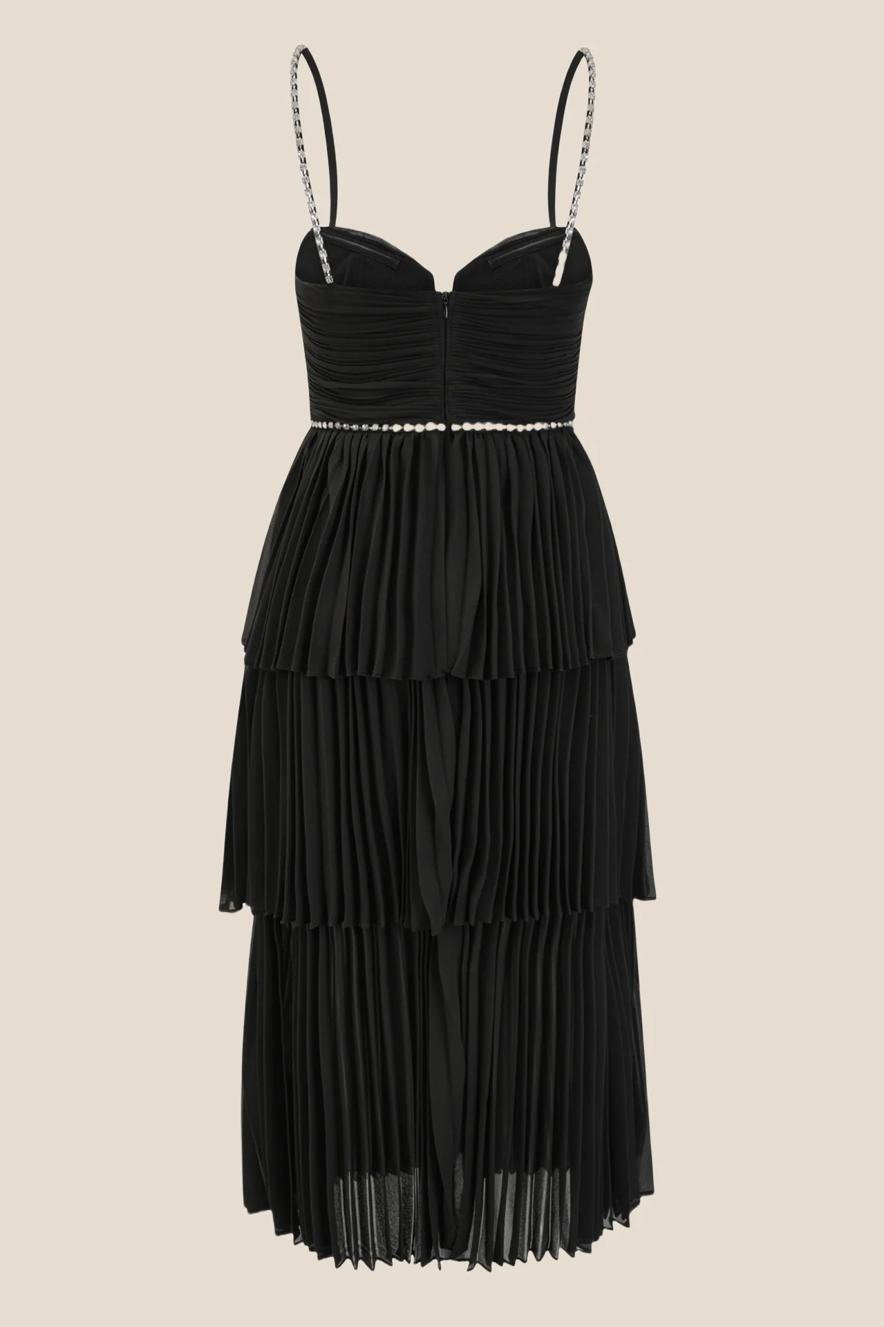 Straps Black Beaded Tiered Pleated Long Dress - Image 2