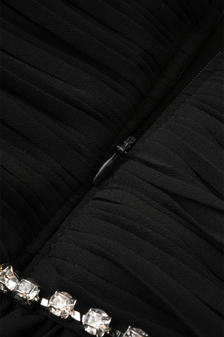 Straps Black Beaded Tiered Pleated Long Dress - Image 8