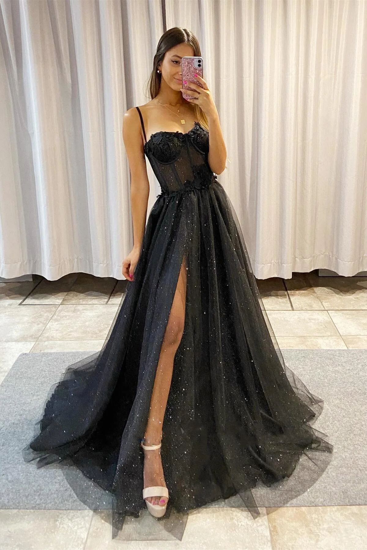 Straps Black Corset A-line Prom Gown - Image 3