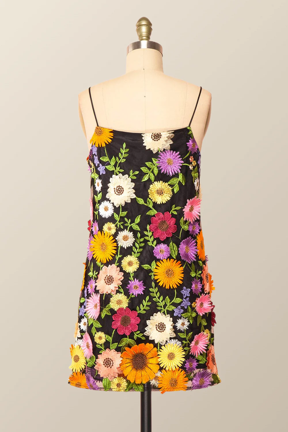 Straps Black Floral A-line Short Dress - Image 2