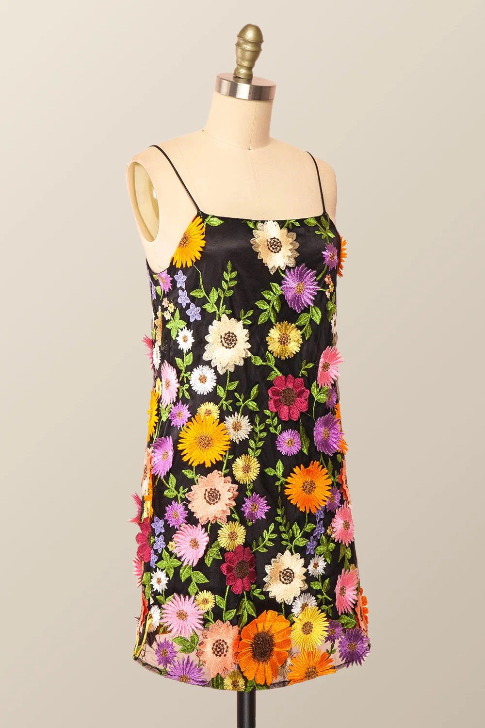Straps Black Floral A-line Short Dress - Image 3