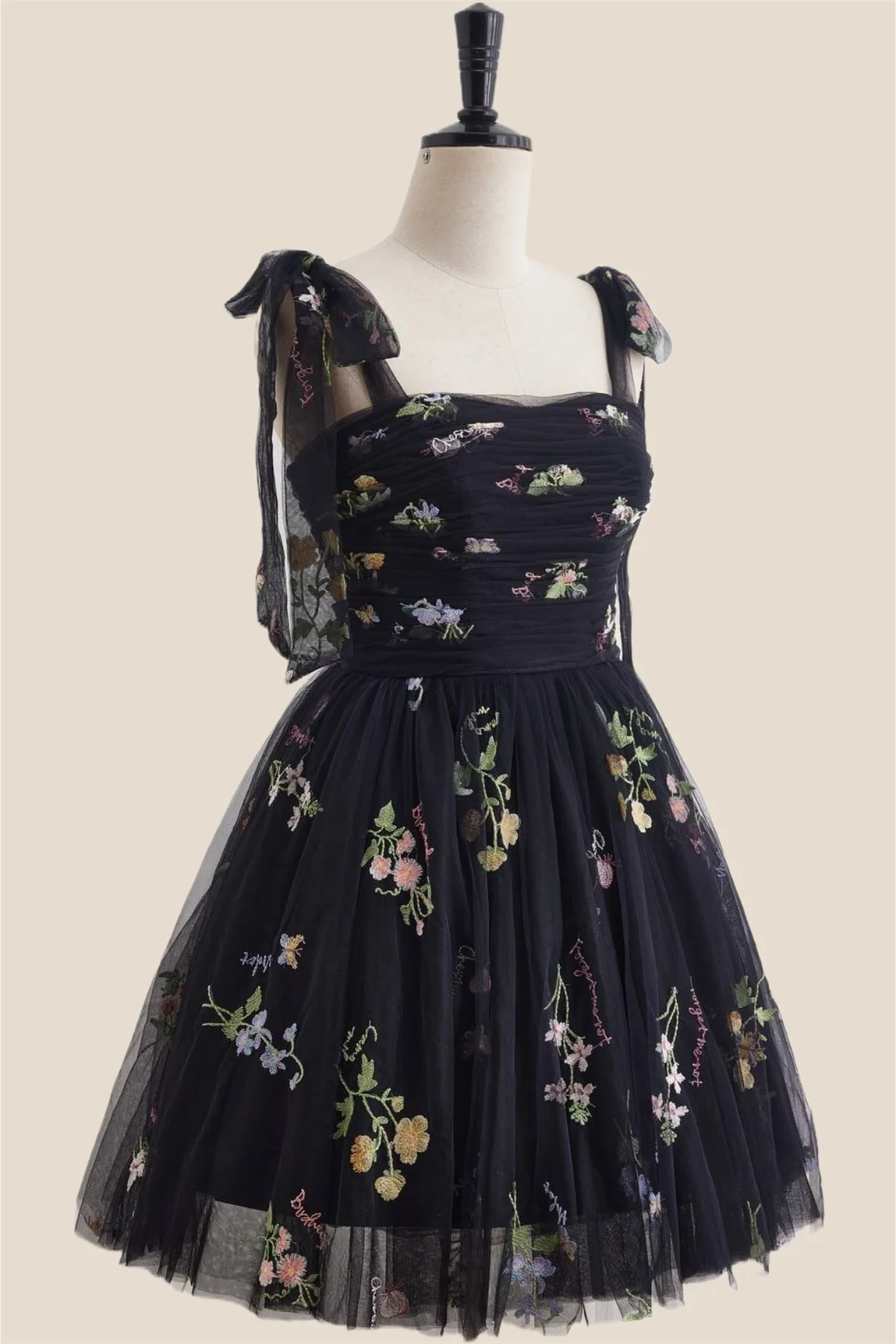 Straps Black Floral Ruched Tulle Short Dress - Image 3