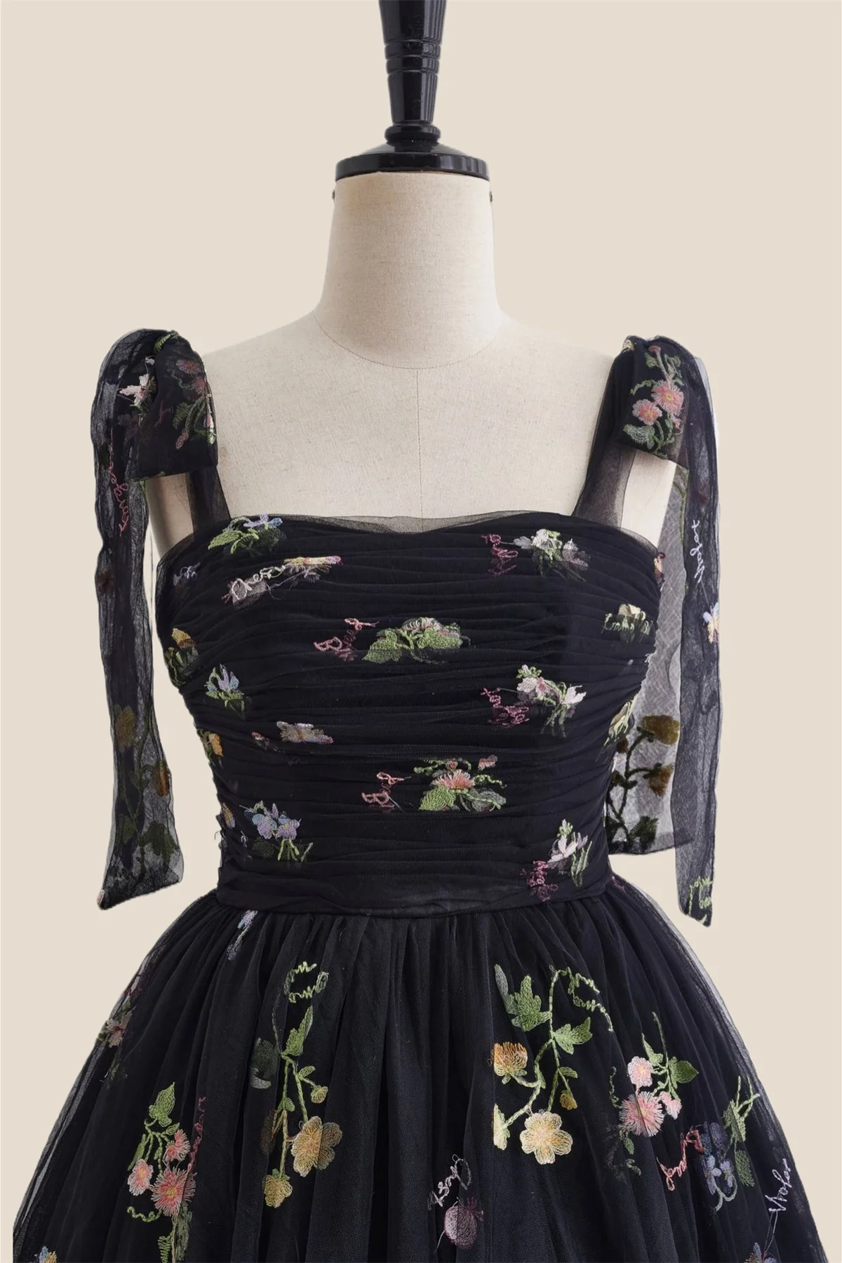 Straps Black Floral Ruched Tulle Short Dress - Image 4