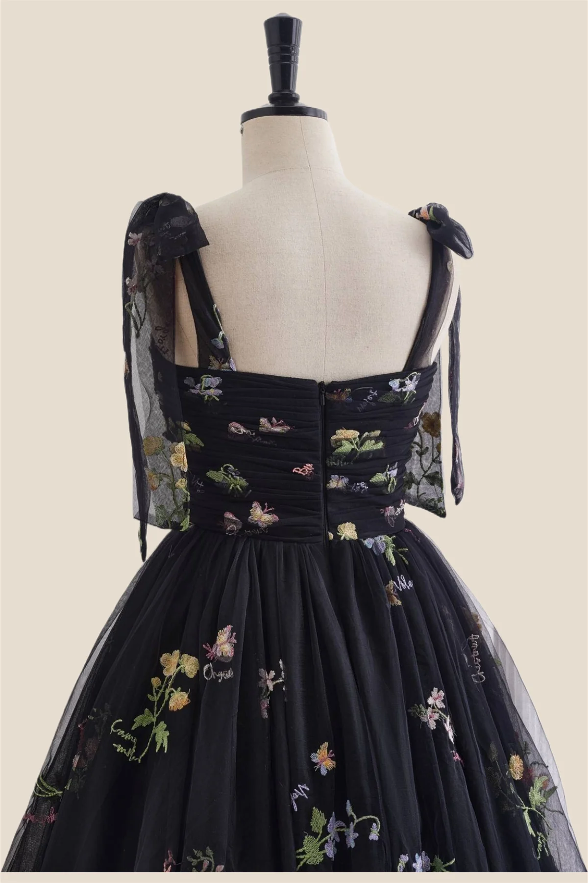 Straps Black Floral Ruched Tulle Short Dress - Image 5