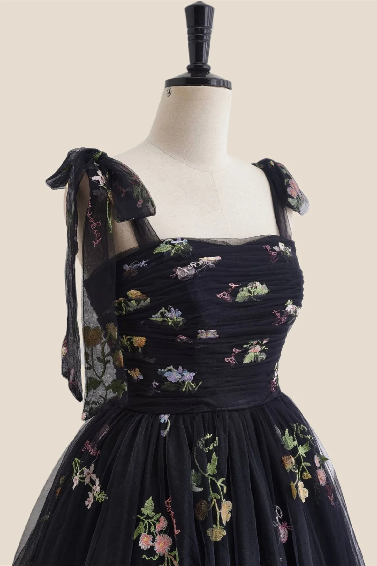 Straps Black Floral Ruched Tulle Short Dress - Image 6