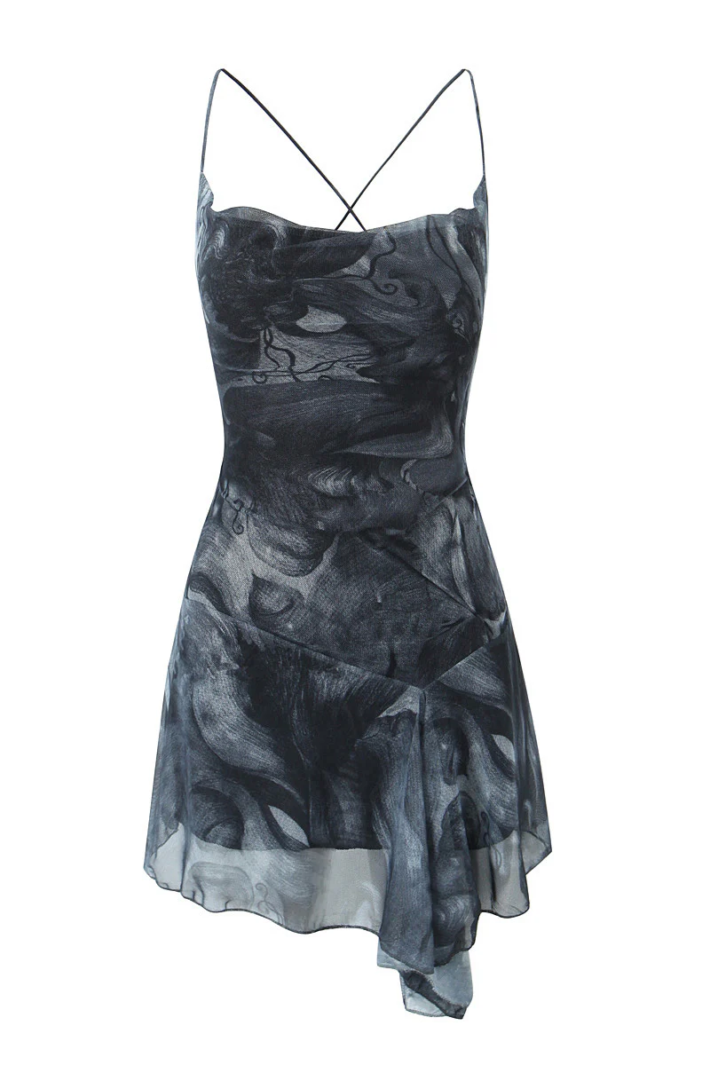 Straps Black Irregular Hem Printing Short Dress