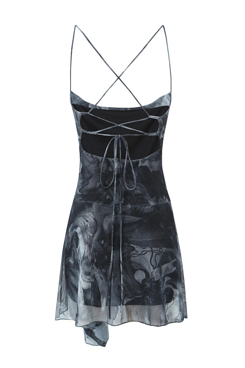 Straps Black Irregular Hem Printing Short Dress - Image 2