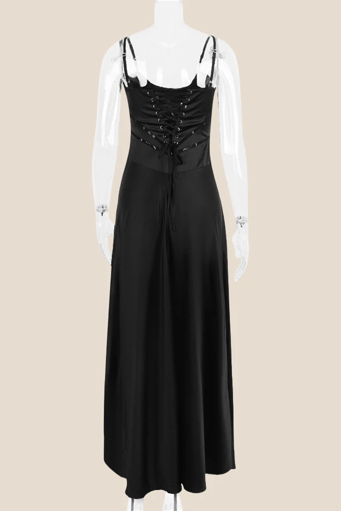 Straps Black Lace-up Back A-line Long Dress - Image 2