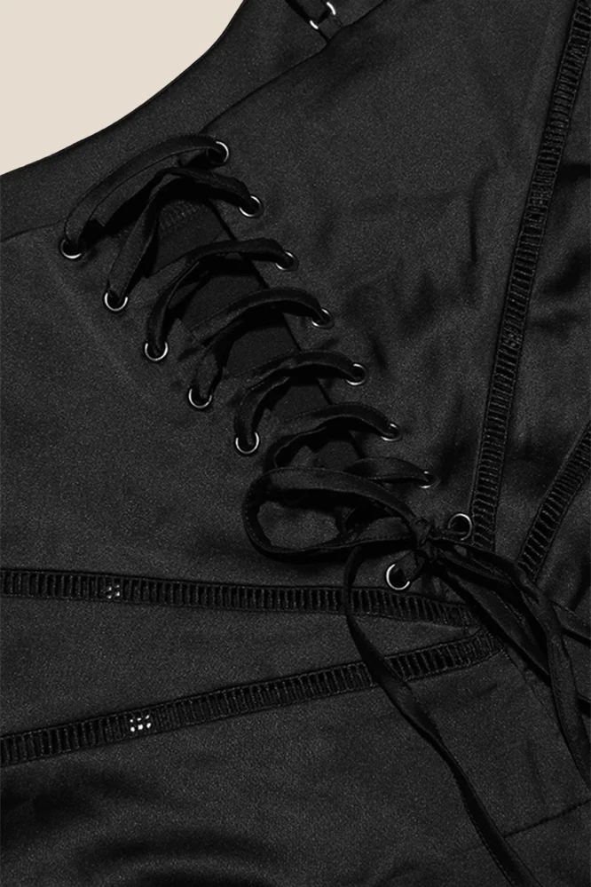 Straps Black Lace-up Back A-line Long Dress - Image 7