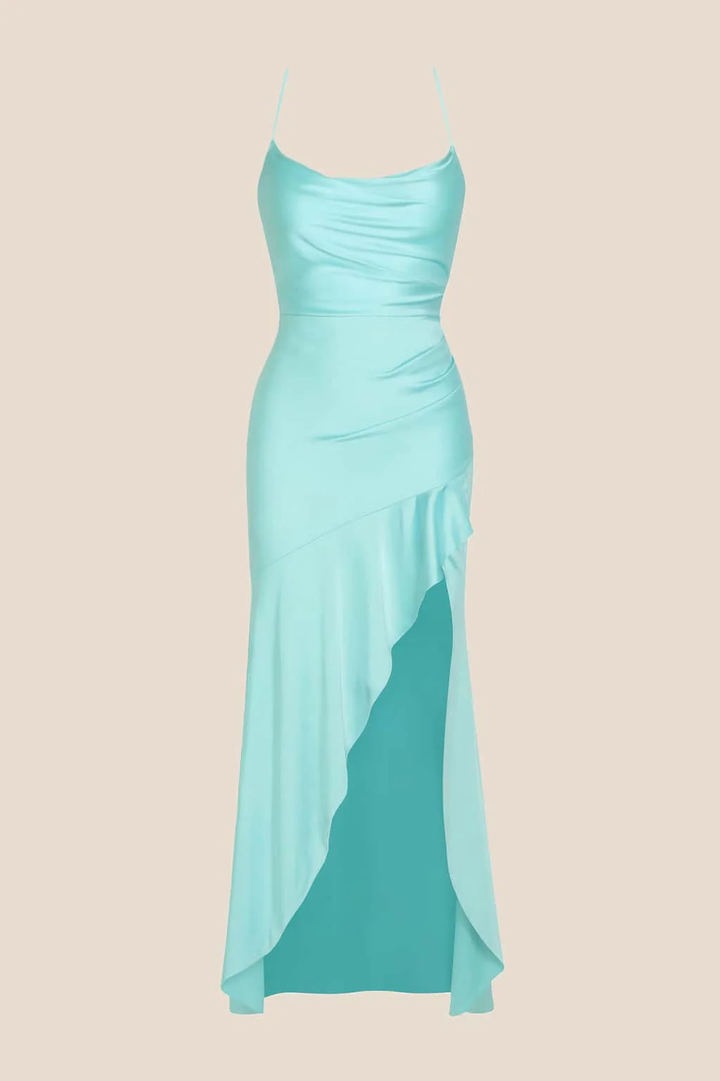 Straps Red Satin Ruffle Slit Party Dress - Image 6