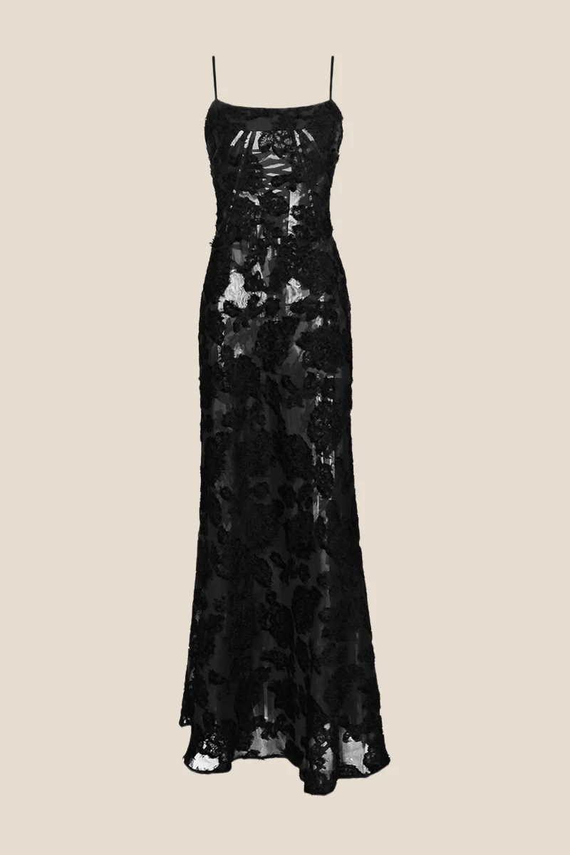 Straps Black Sheer Lace Long Dress