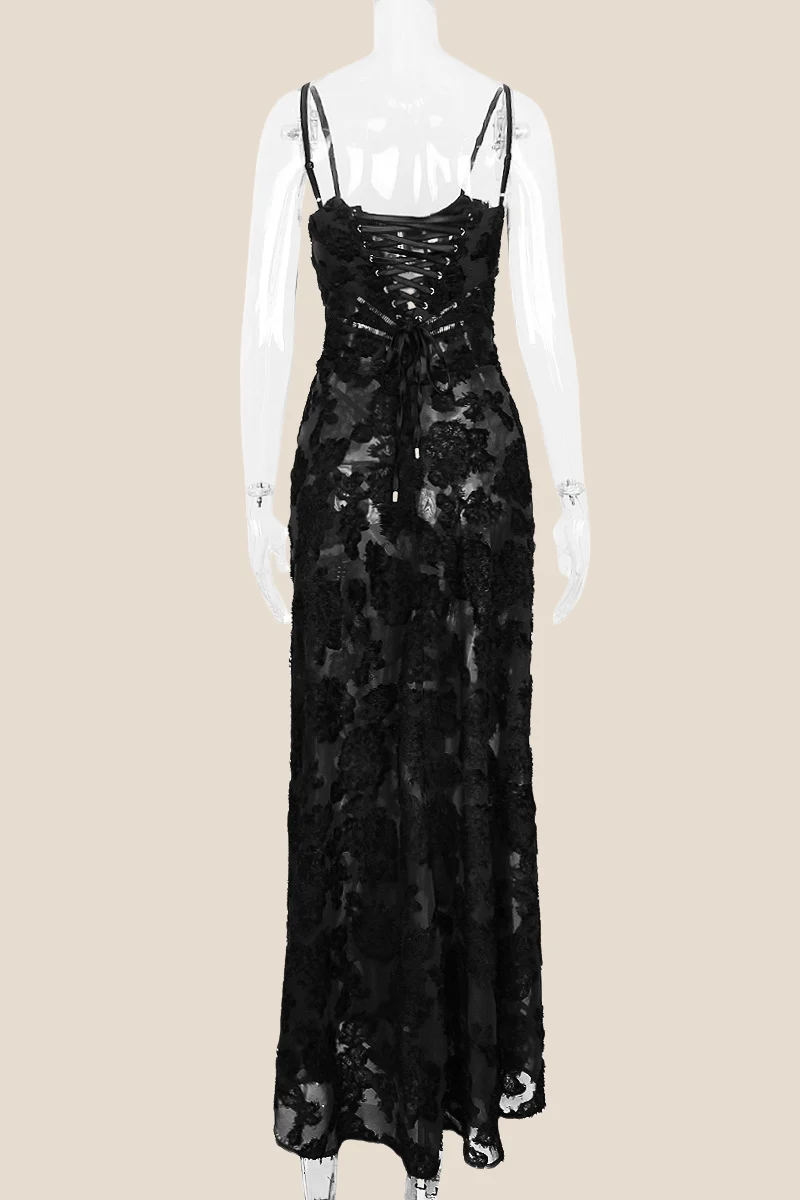 Straps Black Sheer Lace Long Dress - Image 2