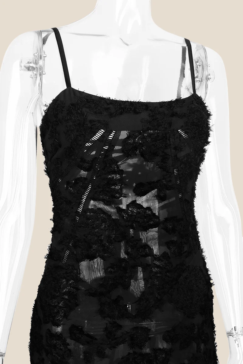 Straps Black Sheer Lace Long Dress - Image 3
