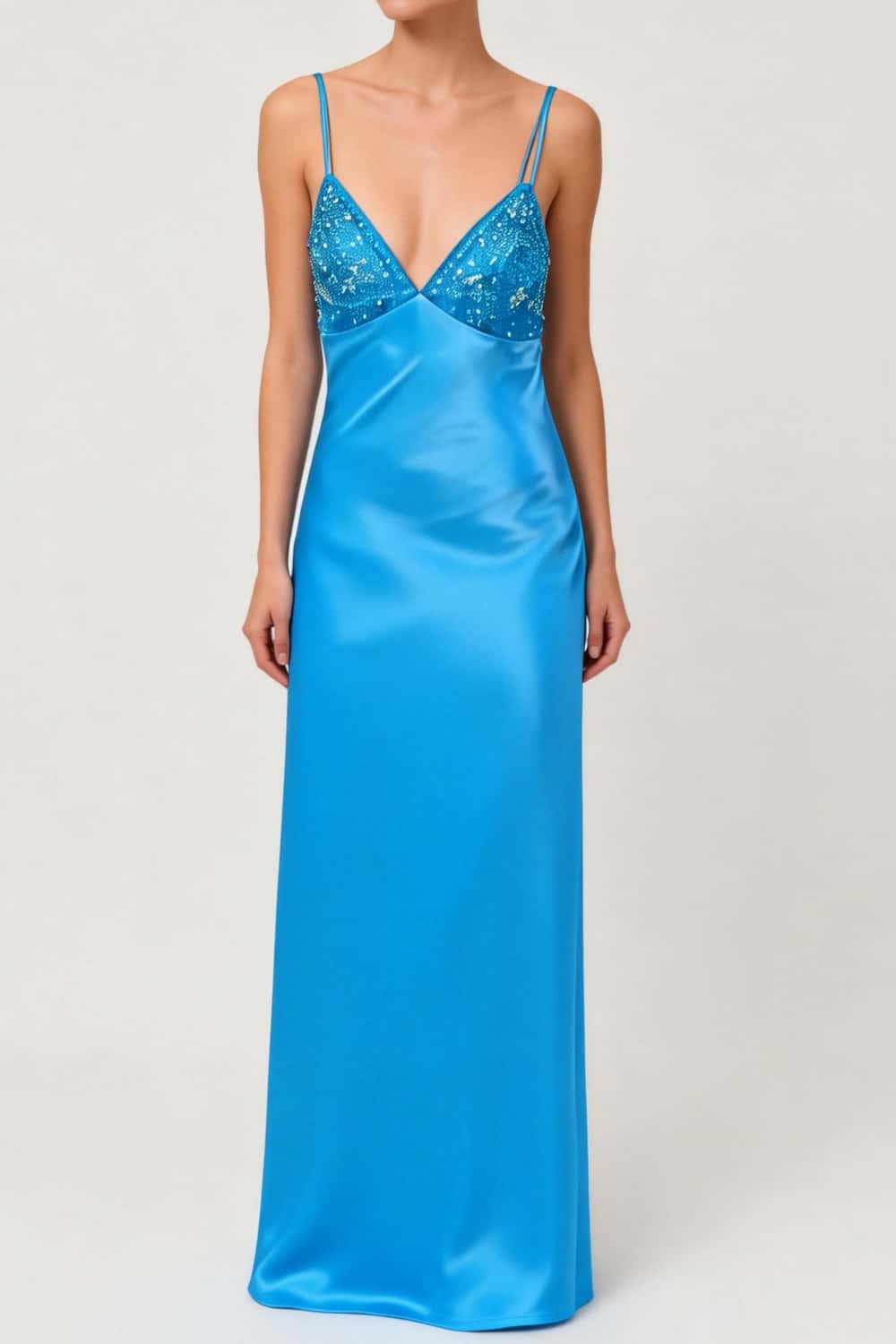 Straps Blue Beaded Satin Fitted Dress - Image 3