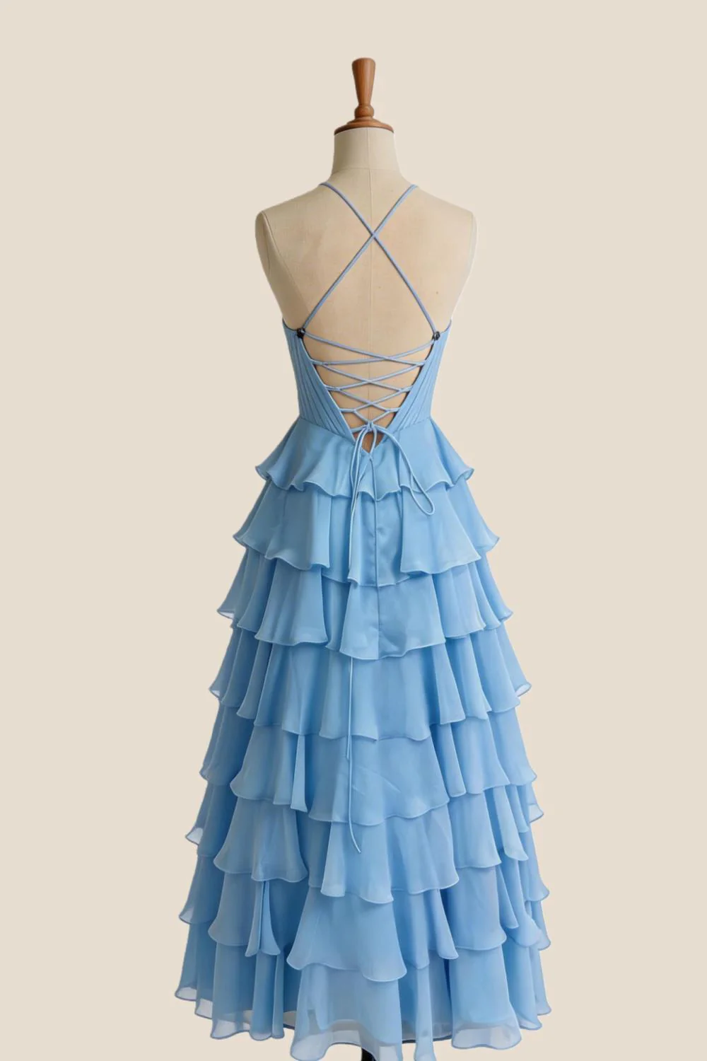 Straps Blue Chiffon Ruffle A-line Prom Dress - Image 2