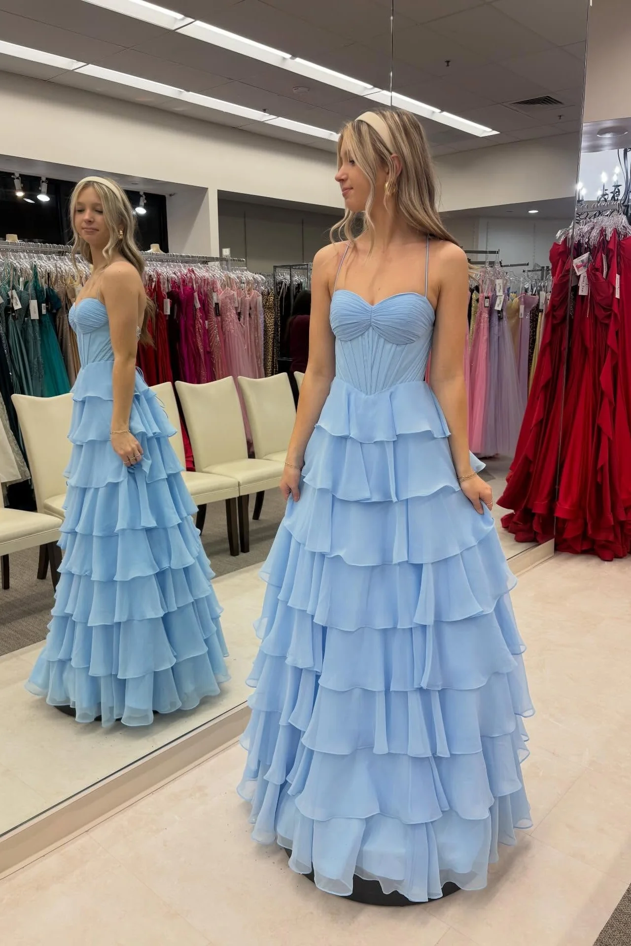 Straps Blue Chiffon Ruffle A-line Prom Dress - Image 3